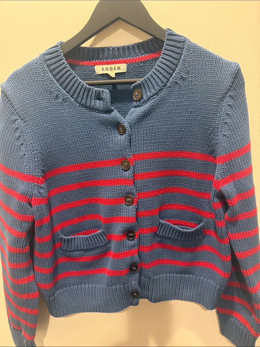 Boden Blue and Red Striped Knit Cardigan
